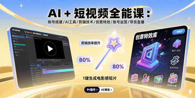 AI+短视频全能课：账号搭建/AI工具/剪辑技术/创意特效/账号运营/带货直播-米创网