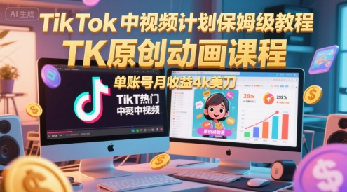 TikTok中视频计划保姆级教程，TK原创动画课程，单账号月收益4k美刀-米创网