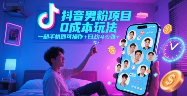 抖音男粉项目0成本玩法，一部手机即可操作，日均4张+，时间自由-米创网