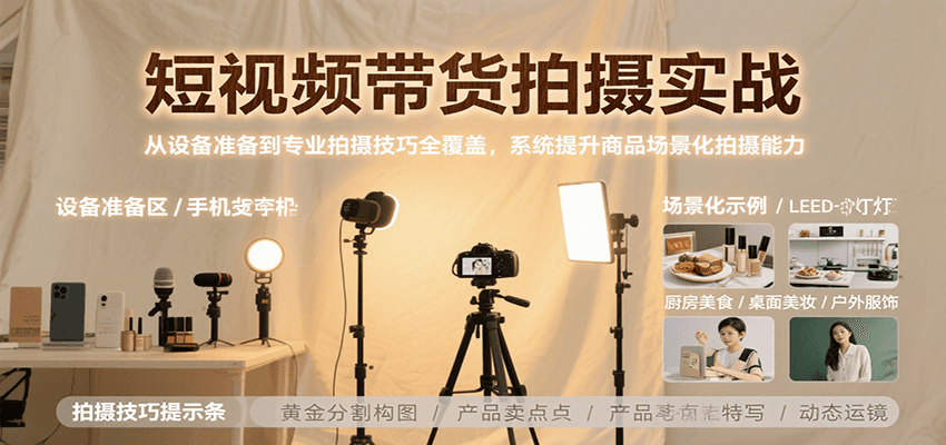 短视频带货拍摄实战，从设备准备到专业拍摄技巧全覆盖，系统提升商品场景化拍摄能力-米创网