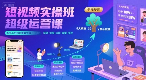 短视频实操班超级运营课，新手小白到短视频大神必修课程，剪辑-拍摄-运营-直播-变现-米创网