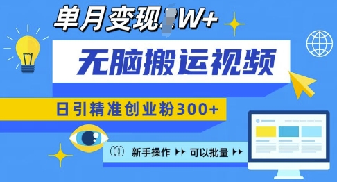 无脑搬运视频号可批量复制，新手即可操作，日引精准创业粉300+，月变现过W 【揭秘】-米创网