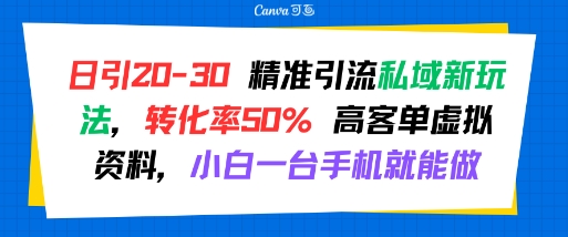 日引 20-30 精准引流私域新玩法，转化率50% 高客单虚拟资料，小白一台手机就能做-米创网