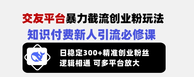 交友平台暴力截流创业粉玩法，知识付费新人引流必修课，日稳定300+精准创业粉丝，逻辑相通可多平台放大-米创网
