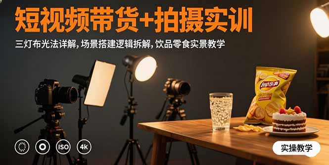 短视频带货+拍摄实训：三灯布光法详解,场景搭建逻辑拆解,饮品零食实景教学-米创网