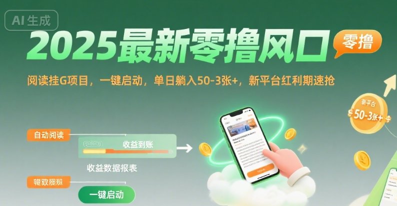 2025最新零撸风口，阅读挂G项目，一键启动，单日躺入 50-3张+，新平台红利期速抢【揭秘】-米创网