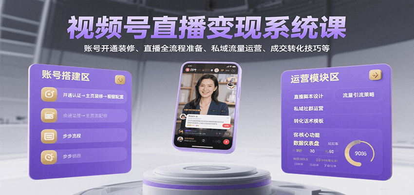 视频号直播变现系统课，账号开通装修、直播全流程准备、私域流量运营、成交转化技巧等-米创网