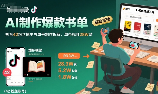 AI制作爆款书单，抖音42粉丝博主书单号制作拆解，单条视频28W赞-米创网