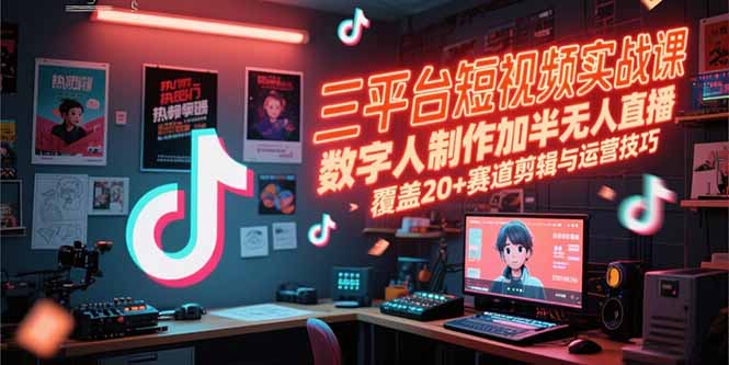 三平台短视频实战课，数字人制作加半无人直播，覆盖20+赛道剪辑与运营技巧-米创网