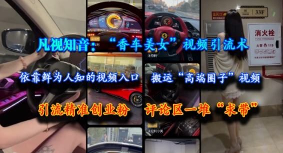 凡视知音：“香车美女”视频引流术，依靠鲜为人知的视频入口，搬运“高端圈子”视频，引流精准创业粉，评论区一堆“求带”-米创网
