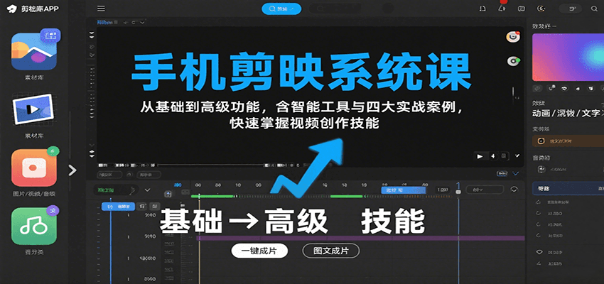 手机剪映系统课，从基础到高级功能，含智能工具与四大实战案例，快速掌握视频创作技能-米创网