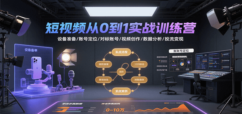 短视频从0到1实战训练营：设备准备/账号定位/对标账号/视频创作/数据分析/投流变现-米创网