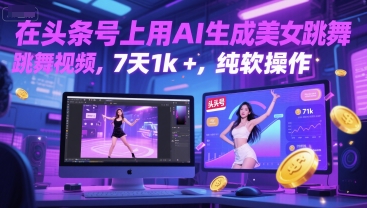 在头条号上用AI生成美女跳舞视频，7天1k+，纯软件操作-米创网