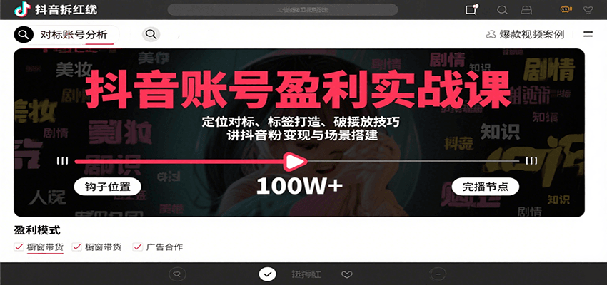 抖音账号盈利实战课，定位对标、标签打造、破播放技巧，讲涨粉变现与场景搭建-米创网