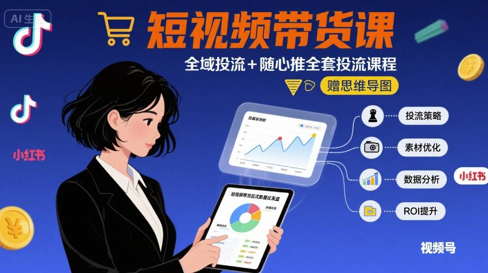 最新短视频带货课，全域投流+随心推全套投流课程+思维导图-米创网