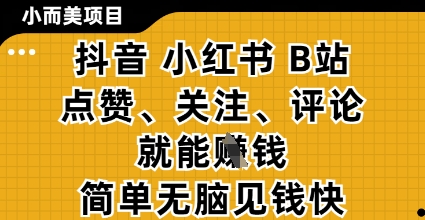 小而美的项目，抖音小红书B站视频点赞、关注、评论就能挣钱，简单无脑立见收益，妥妥的零撸项目【揭秘】-米创网