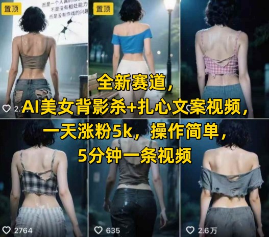 全新赛道，AI美女背影杀+扎心文案视频，一天涨粉5k，操作简单，5分钟一条视频-米创网