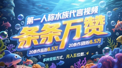 第一人称水族代言视频，条条万赞，20条作品涨粉7.8W，多种变现方式月入五位数-米创网