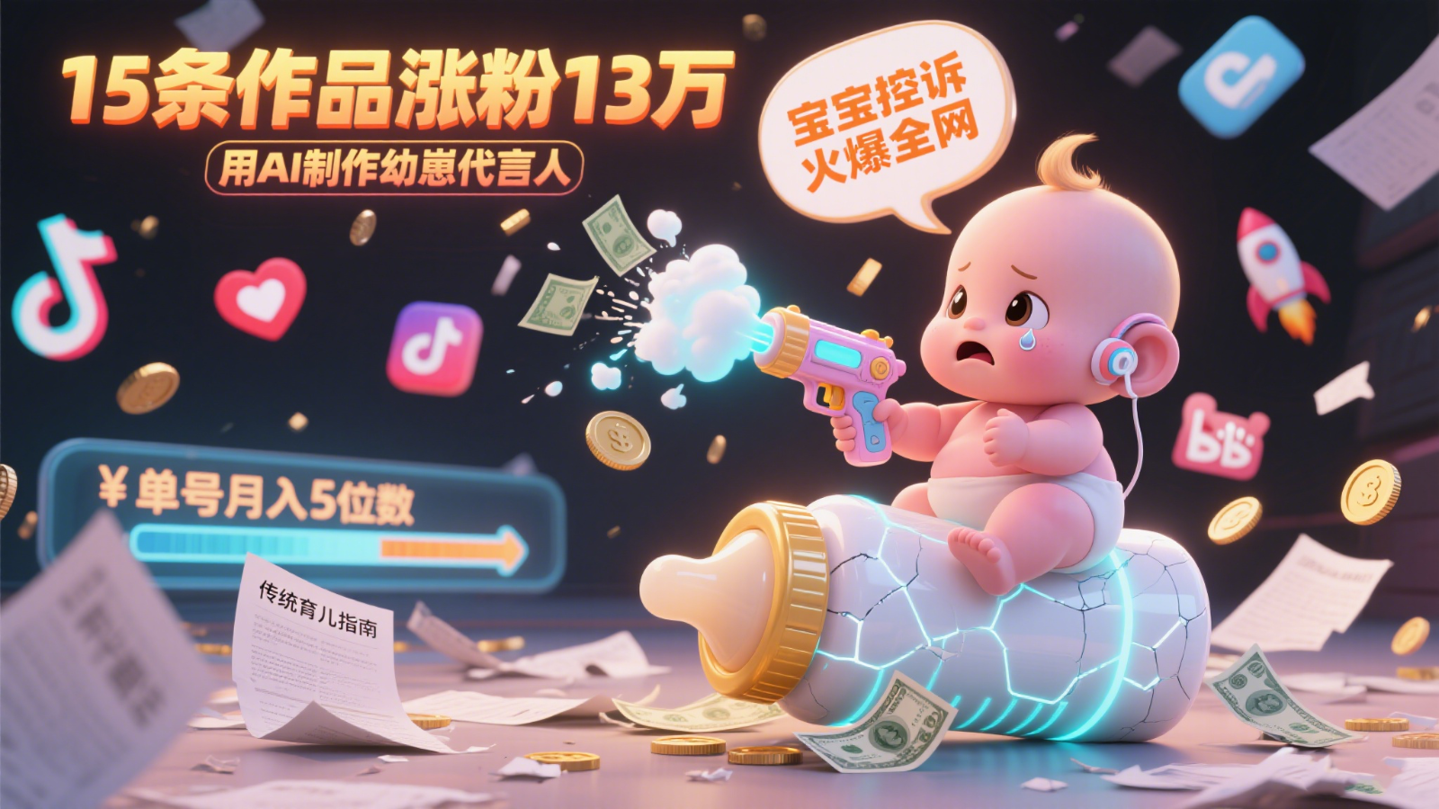 用AI制作幼崽代言人，宝宝的控诉火爆全网，15条作品涨粉13万，单号月入5位数实操教程-米创网