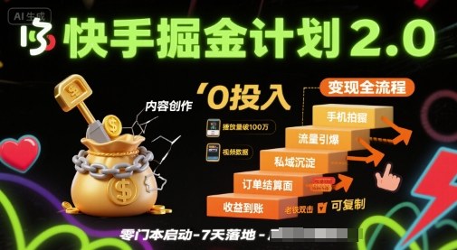 快手掘金计划2.0，快手电商变现全流程，简单可复制，0投入-米创网