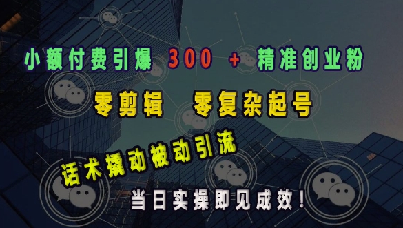 小额付费引爆 300 + 精准创业粉，零剪辑、零复杂起号，话术撬动被动引流，当日实操即见成效-米创网