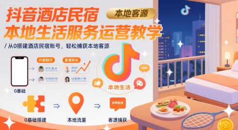 抖音酒店民宿本地生活服务运营教学，从0搭建酒店民宿账号，轻松捕获本地客源-米创网