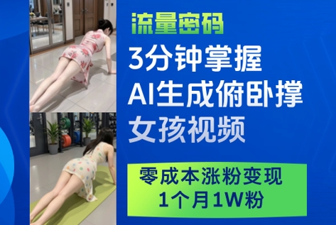 3分钟掌握AI生成俯卧撑女孩视频，零成本涨粉变现，1个月1W粉-米创网