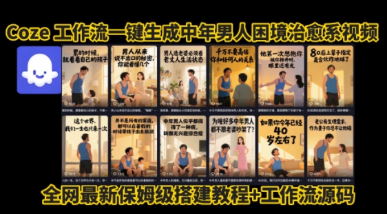 coze工作流一键生成”中年男人困境扎心高涨粉高播放量图文视频”保姆级拆解教程，无需剪辑，无需拍摄写文案-米创网