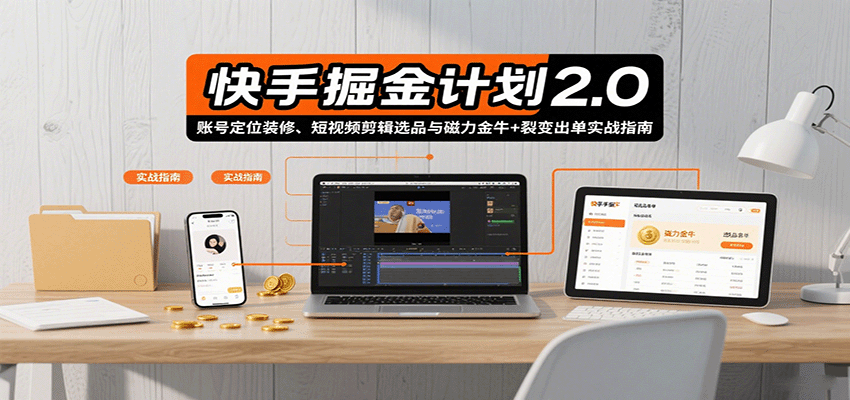 快手掘金计划2.0，账号定位装修、短视频剪辑选品与磁力金牛+裂变出单实战指南-米创网