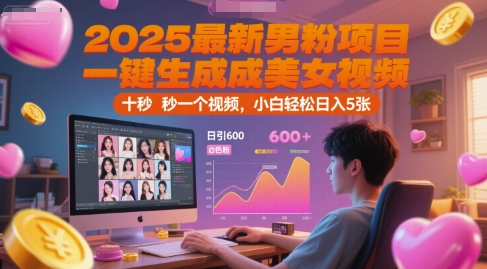 2025最新男粉项目，一键生成美女视频，日引600+色粉 十秒一个视频，小白轻松日入5张【揭秘】-米创网