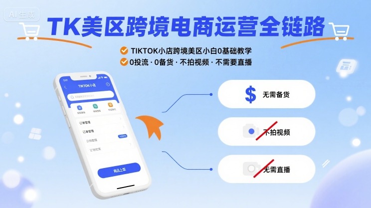 TK美区跨境电商运营全链路，TIKTOK小店跨境美区小白0基础教学，0投流0备货不拍视频不需要直播-米创网
