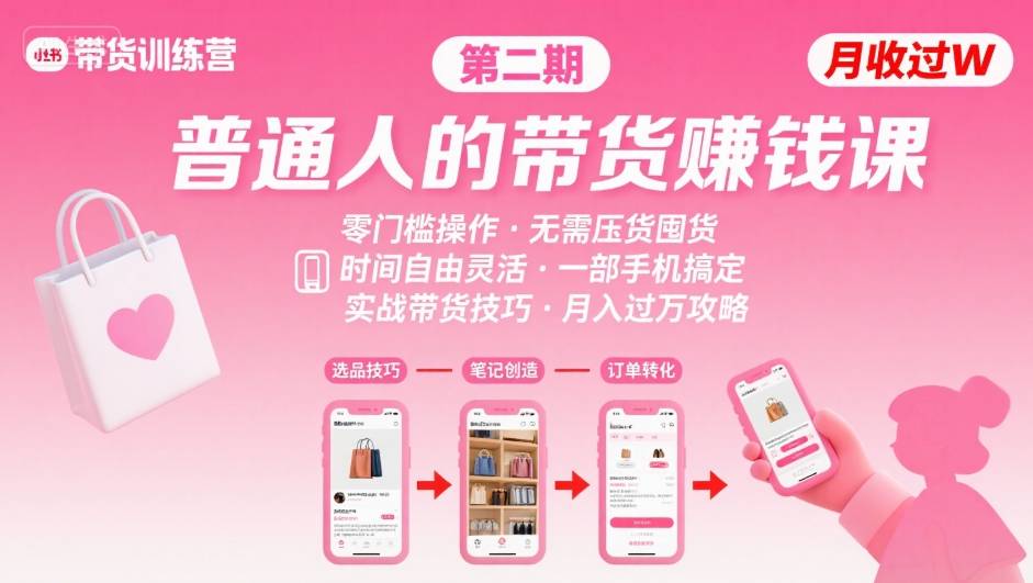 小红书带货第二期训练营，普通人月收过W的带货课，时间自由，零门槛无压货，一部手机即可操作-米创网