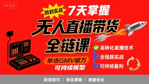 无人直播带货全链防封实战课，7天掌握高转化直播技术，实现单场GMV破万可持续模型-米创网