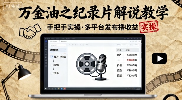 万金油之纪录片解说教学，手把手教你，完全实操，多平台发布撸收益-米创网