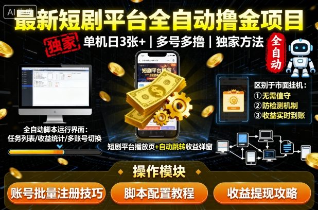 最新短剧平台全自动挂G撸金项目，单机一天3张+，多号多撸，区别于市面所有挂机项目，独家方法【揭秘】-米创网