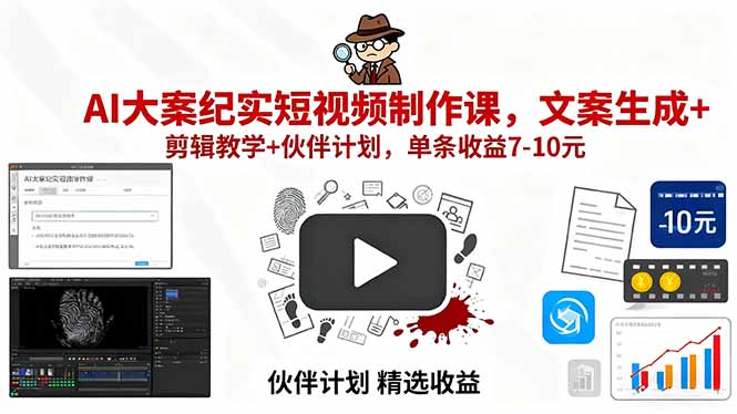 AI大案纪实短视频制作课，文案生成+剪辑教学+伙伴计划，单条收益7-10元-米创网