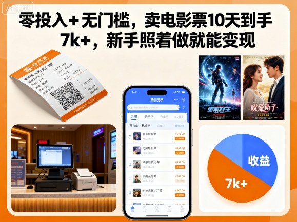 零投入+无门槛，卖电影票10天到手7k+，新手照着做就能变现【揭秘】-米创网