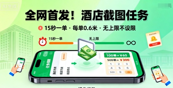 全网首发！酒店截图任务，15秒一单，每单0.6米，任务无上限不设限，矩阵操作单日3张到手【揭秘】-米创网