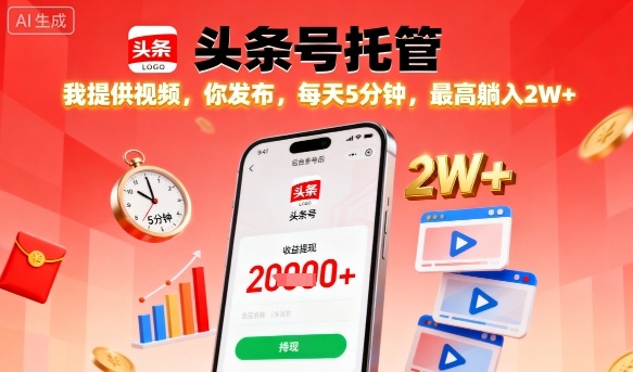 【头条号托管】我提供视频，你发布，每天5分钟，最高躺入2W+【揭秘】-米创网