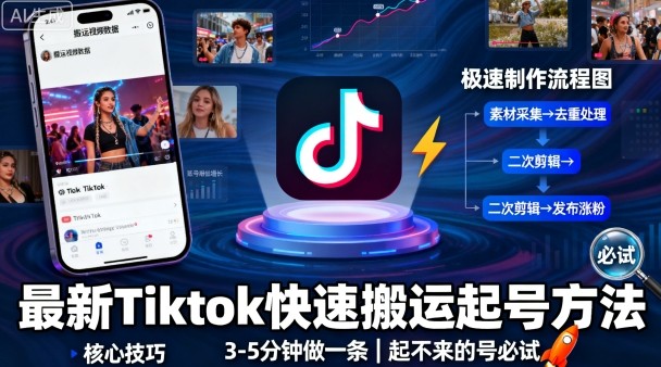 最新Tiktok快速搬运快速起号方法，3-5分钟做一条，起不来的号可以试试-米创网