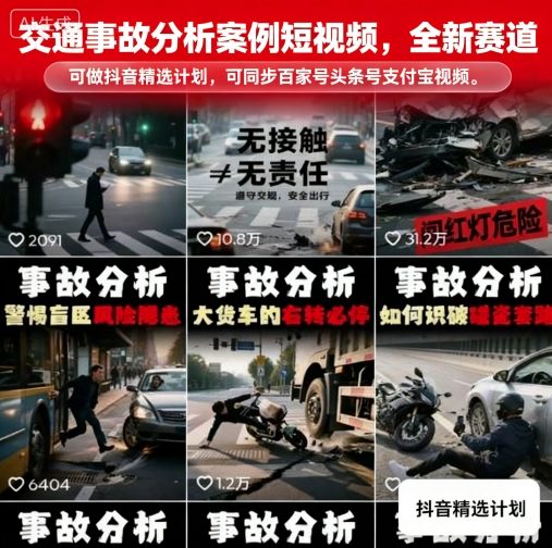 交通事故分析案例短视频，全新赛道，可做抖音精选计划，可同步百家号头条号支付宝视频号平台-米创网