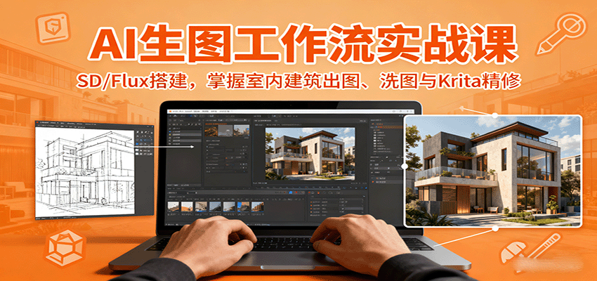 AI生图工作流实战课：SD/Flux搭建，掌握室内建筑出图、洗图与Krita精修-米创网