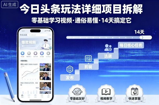 今日头条玩法详细项目拆解，零基础学习视频 通俗易懂 14天搞定它-米创网