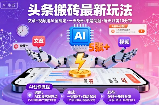 头条搬砖最新玩法，文章+视频用AI全搞定，一天5张+不是问题，每天只需10分钟-米创网
