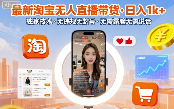 最新淘宝无人直播带货，日入1k+，独家技术，无违规无封号，无需露脸无需说话【揭秘】-米创网