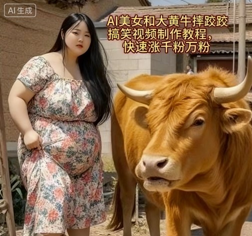 AI美女和大黄牛摔跤搞笑荒诞视频制作教程，快速涨千粉万粉-米创网
