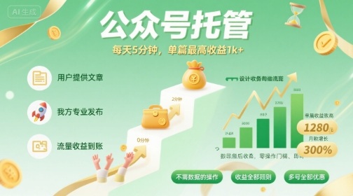 【公众号托管 】我提供文章，你发布，每天5分钟，单篇最高收益1k+【揭秘】-米创网