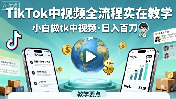 TikTok中视频全流程实操教学，小白做tk中视频，日入百刀-米创网