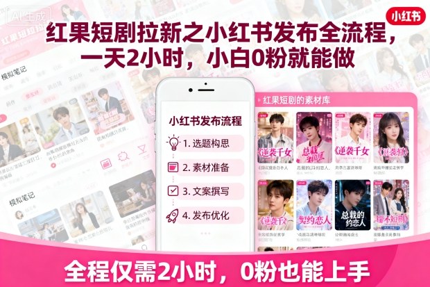 红果短剧拉新之小红书发布全流程，一天2小时，小白0粉就能做-米创网