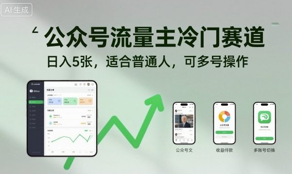 公众号流量主冷门赛道，日入5张，适合普通人，可多号操作-米创网